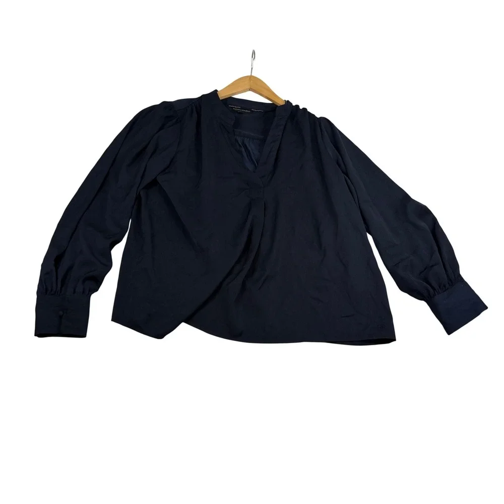 Banana Republic Womens Navy Blue V-Neck Puff Sleeve Blouse Top Size Large 2808